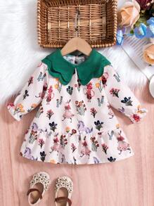 嬰幼兒女童對比領花卉卡通印花連衣裙,適用於秋冬季 - 白色 - 查看 1