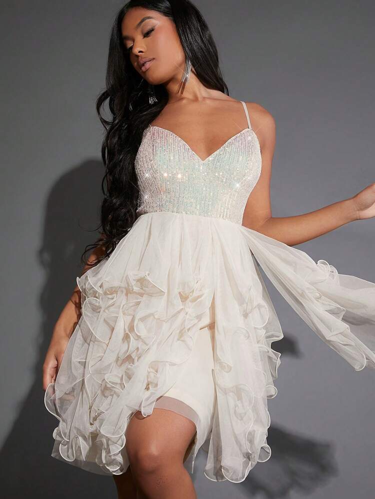 Sequin Ruffle Hem Mesh Hem Cami Dress
