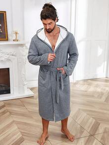 Men Dual Pocket Belted Hooded Thermal Lined Loungewear Robe - Dark Grey - View 5