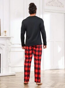 Men Bear Print Tee & Buffalo Plaid Pants Loungewear PJ Set / Pajama Set, Christmas - Black - View 2