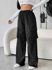 SHEIN Unity Flap Pocket Side Drawstring Waist Cargo Pants - Black - View 3
