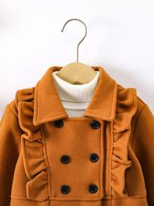 SHEIN Young Girl 1pc Ruffle Trim Double Breasted Overcoat - Brown - View 4
