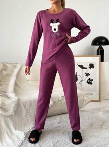 SHEIN Cottnline Embroidery Cartoon & Letter Pattern Lounge Set - Purple - View 3