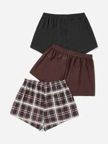 SHEIN 3pcs Plaid & Letter Graphic Knot Waist Lounge Shorts - Multicolor - View 2