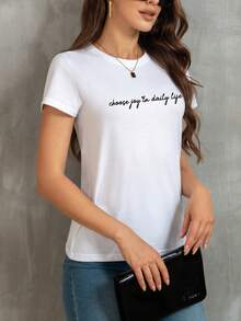 SHEIN EZwear Đồ họa Khẩu hiệu Áo thun - trắng - Xem 3