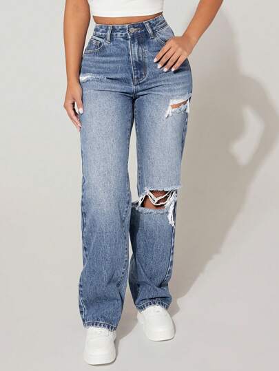 Women's Fashion Street Casual High Waist Distressed Frayed Straight Leg Jeans