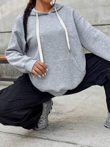 Flirla Áo nỉ thể thao và thường ngày cỡ lớn với họa tiết dệt nổi, kiểu áo nỉ chui đầu mùa thu. - Xám - Xem 5