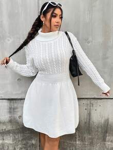 Flirla Plus Turtleneck Cable Knit Sweater Dress - White - View 6