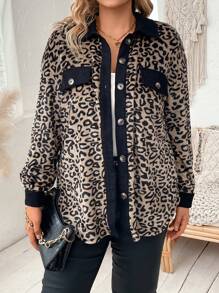 SHEIN Franclia 大碼豹紋印花落肩袖翻蓋細節拼接邊外套 - 紫紅色 - 查看 1