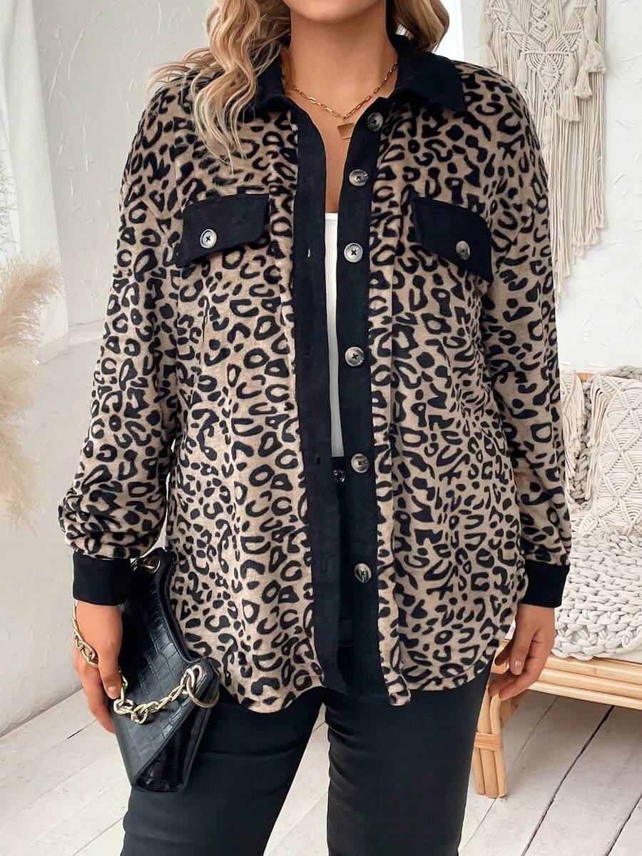 SHEIN Franclia 大碼豹紋印花落肩袖翻蓋細節拼接邊外套 - 紫紅色 - 查看 1