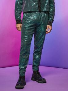 FeverCity Men Slant Pocket Sequin Pants - Green - View 3