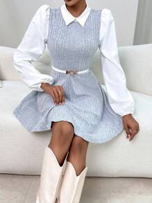 SHEIN Privé Two Tone Lantern Sleeve 2 In 1 Dress Without Belt - Multicolor - View 3