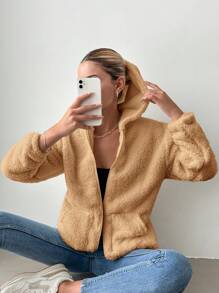 EURMUSE 女士前拉鍊帽裝毛絨針織外套 - 駝色 - 查看 5