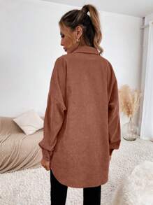 SHEIN Essnce Chất rắn Nút phía trước Thả vai Vải to sợi Áo sơ mi - Gỗ đỏ - Xem 2