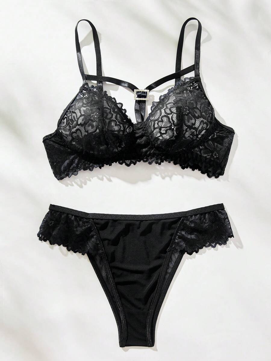 Spicy Aura Women Sexy Lingerie Kontras Lace Plain - Hitam - View 1