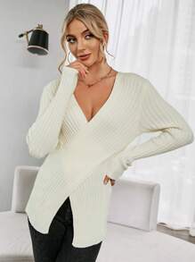 SHEIN Clasi Jersey de punto acanalado cruzado para otoño e invierno - Albaricoque - Ver 4