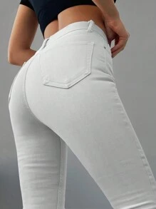 SHEIN Cottnline Jeans ajustados unicolor con cremallera - Beis - Ver 3