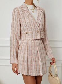 RueChic Ensemble De Blazer Et De Jupe À Carreaux À Revers À Bouton Unique