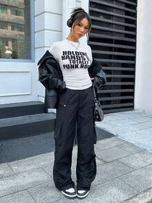 SHEIN Coolane Slogan Graphic Ruched Side Tee - White - View 6