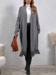 EMERY ROSE Fringe Hem Drop Shoulder Cardigan - Dark Grey - View 6