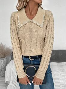 SHEIN Essnce Pearls Beaded Collar Cable Knit Sweater - Camel - View 4