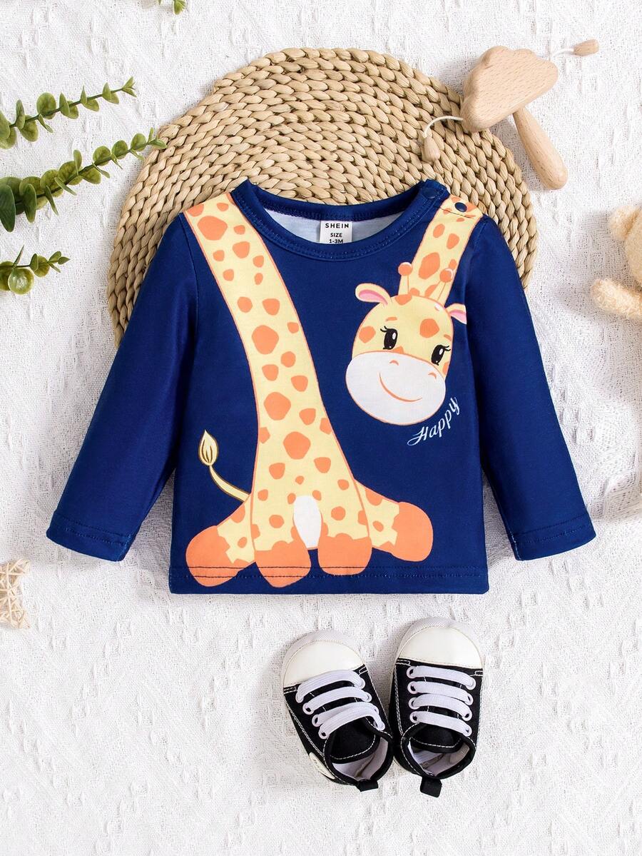 SHEIN 男嬰卡通長頸鹿&字母圖案上衣