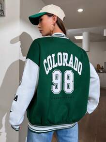 StreetHx Star & Letter Graphic Two Tone Drop Shoulder Varsity Jacket Fall Winter Cloth For Women - Multicolor - View 3