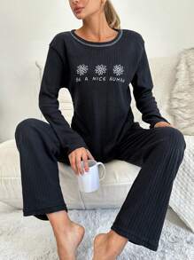RueChic Floral & Slogan Graphic Ribbed Knit Lounge Set - Black - View 4