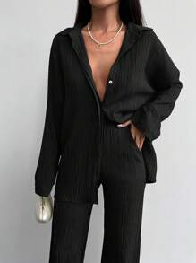 SHEIN Cottnline Solid Button Front Shirt & Wide Leg Pants - Black - View 5