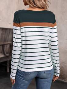 EMERY ROSE Striped Print Colorblock Tee Graphic Tees Women Tops Fall Cloth For Women - Dark Green - View 2