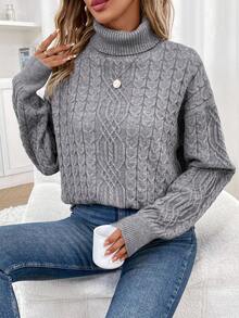 SHEIN LUNE Turtleneck Cable Knit Drop Shoulder Sweater - Grey - View 4