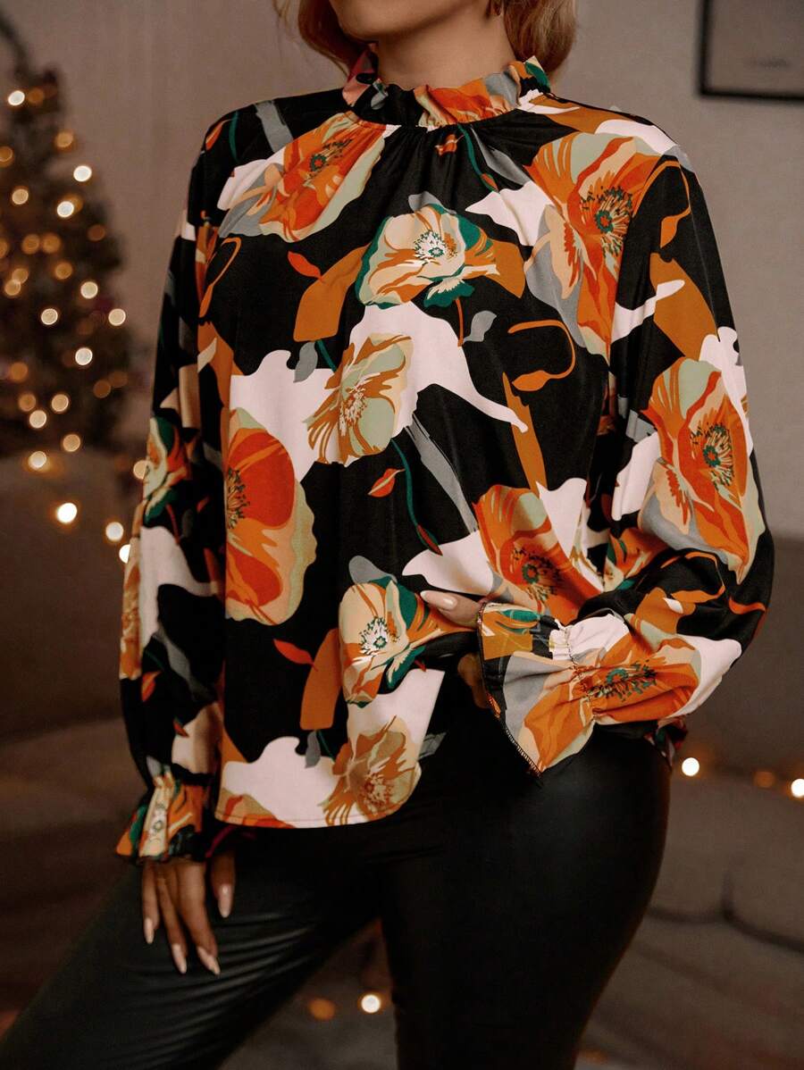 SHEIN LUNE Talla grande Blusa con estampado floral de manga con volante de cuello alto - Multicolor - Ver 1