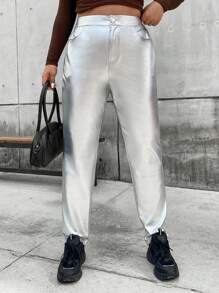 Flirla 鈕扣 口袋 拉鍊純色加大褲子 - 銀色 - 查看 7