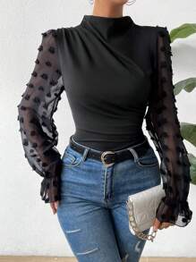 SHEIN Privé Swiss Dot Flounce Sleeve Mock Neck Ruched Side Top - Black - View 1