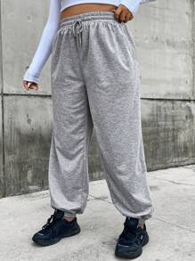Flirla Plus Drawstring Waist Slant Pocket Sweatpants - Light Grey - View 5