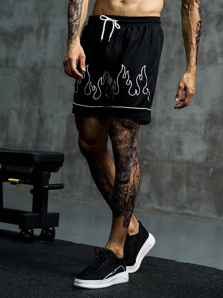 Manfinity Sport Corelite Men Fire Print Drawstring Waist Sports Shorts - Black - View 7