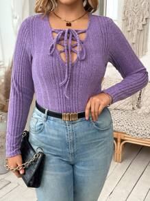 Flirla Plus Size Women Solid Color Tie Collar Long Sleeve Ribbed Casual T-Shirt, Autumn - Purple - View 1