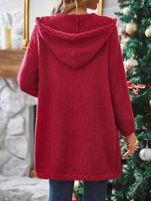 SHEIN LUNE Dual Pocket Drop Shoulder Hooded Duster Cardigan - Red - View 2