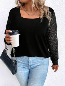 SHEIN LUNE Plus Contrast Lace Lantern Sleeve Square Neck Top - Black - View 4