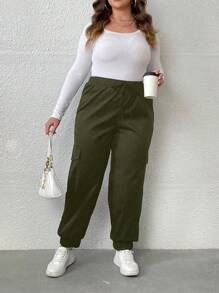 Calvaya 加大翻盖口袋侧抽绳腰部工装裤 - 軍綠色 - 查看 4