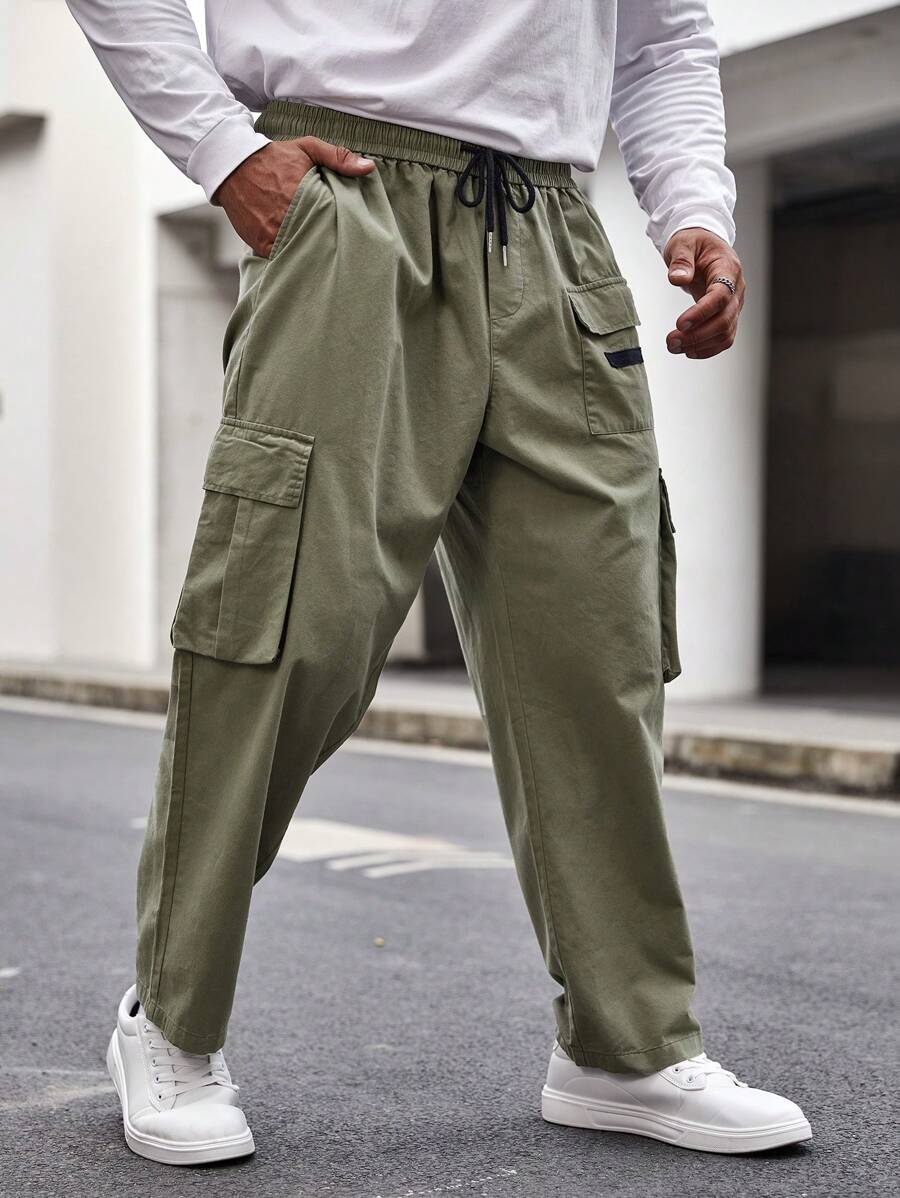Manfinity Homme Men Plus Flap Pocket Side Drawstring Waist Cargo Pants - Army Green - View 1