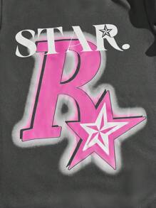 ROMWE MEN Street Life 男士星星&字母圖案抽繩加絨內裏連帽衫 - 深灰色 - 查看 4