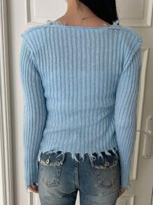 DAZY Solid Distressed Trim Button Front Cardigan,Fall Clothes - Blue - View 2