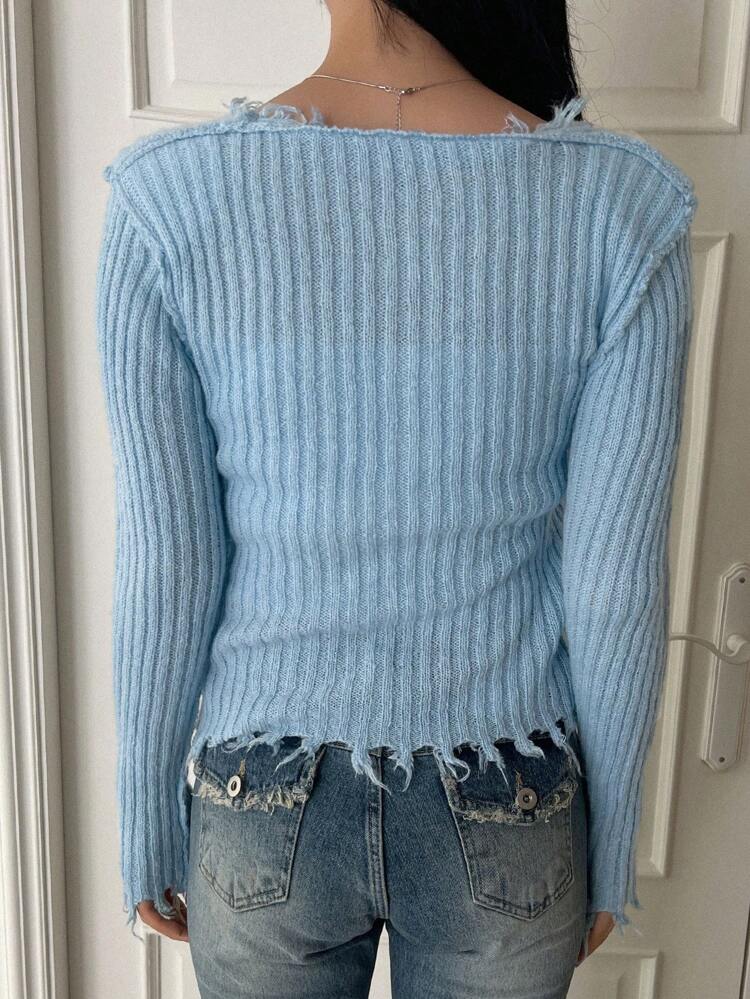Solid Distressed Trim Button Front Cardigan,Fall Clothes
