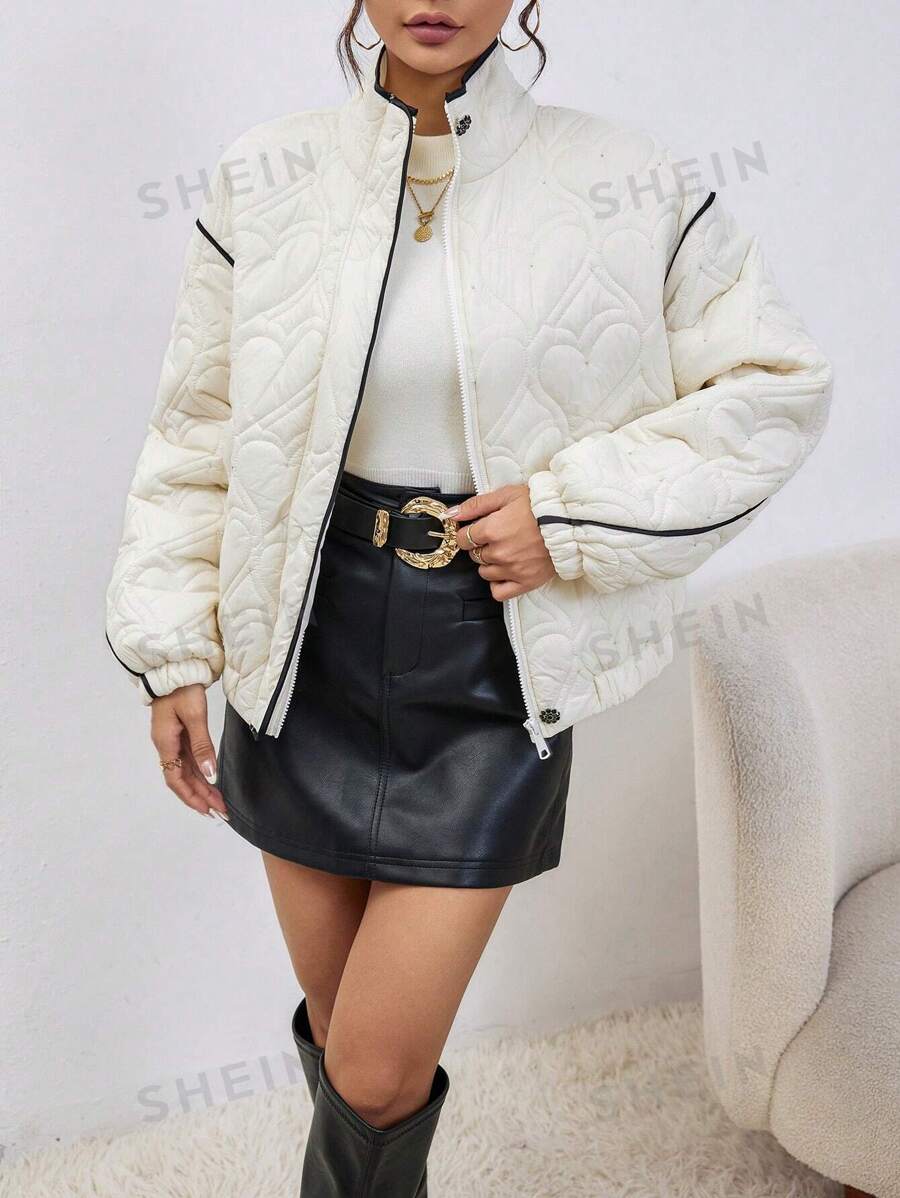 GENKIRA Abrigo casual con cremallera, cuello alto y mangas largas acolchado para mujer, ropa de invierno - Blanco - Ver 1