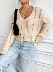 Flirla Solid Ripped Drop Shoulder Knit Pullover Fall Winter Sweater - Apricot - View 4