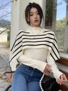 Dazy Star 1 Miếng Mẫu sọc Áo len Cape - Đen và trắng - Xem 1