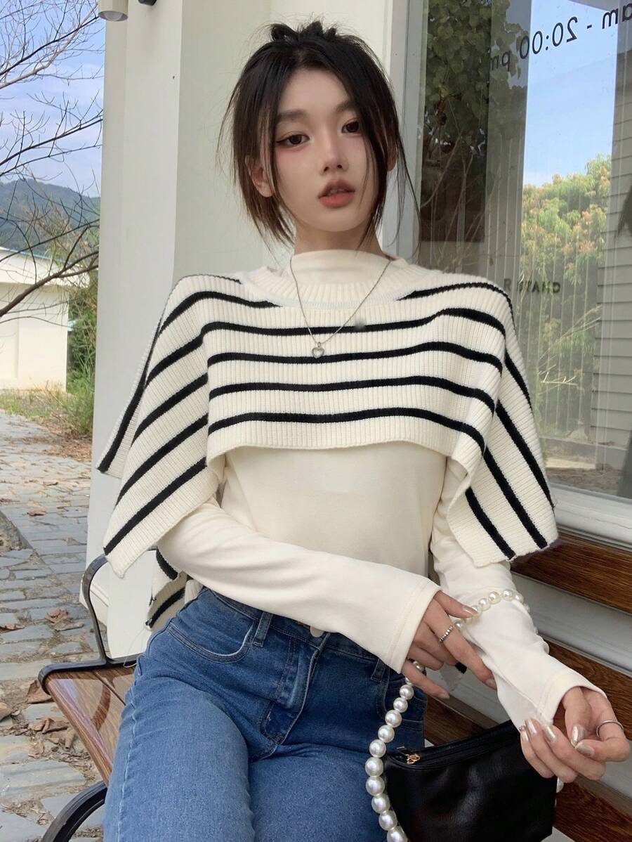 Dazy Star 1 Miếng Mẫu sọc Áo len Cape - Đen và trắng - Xem 1