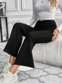 SHEIN LUNE Solid Flare Leg Thermal Pants - Black - View 5