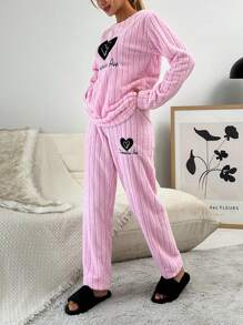 SHEIN Cottnline Heart & Letter Embroidery Flannel PJ Set - Pink - View 3